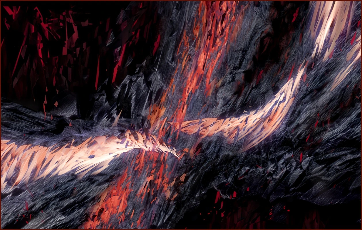 Art numérique abstrait. couleur dominante: orangé-roux. De nombreux petits polygones irréguliers sont assemblés comme une mosaïque.