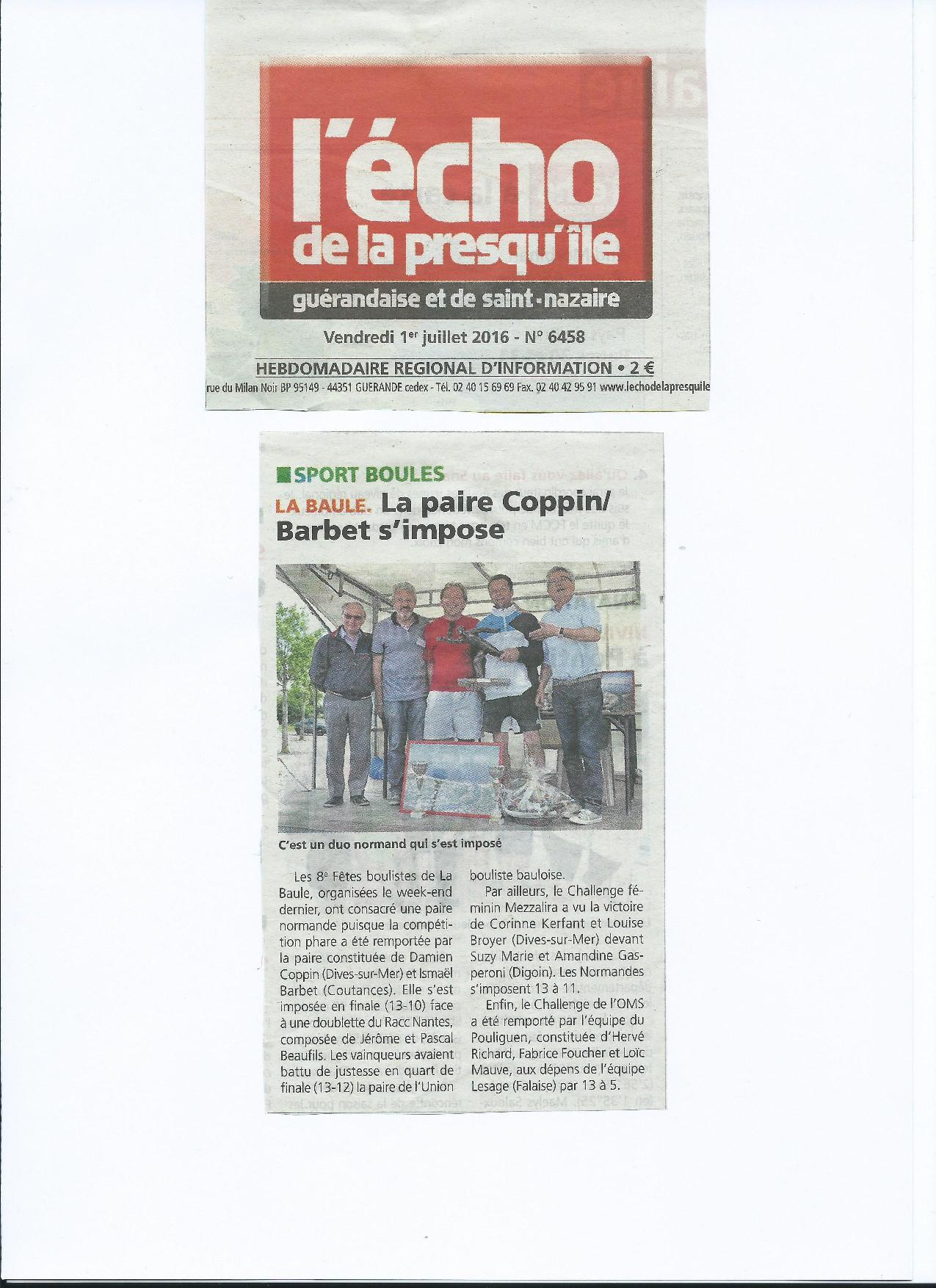 Article de l echo de la presqu ile 01 07 2016 page 001