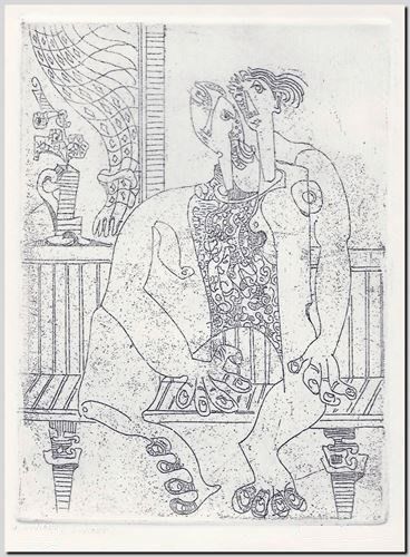Gravure van graveur kunstenaar André Vereecken - ets - de zittende tweeling 1970