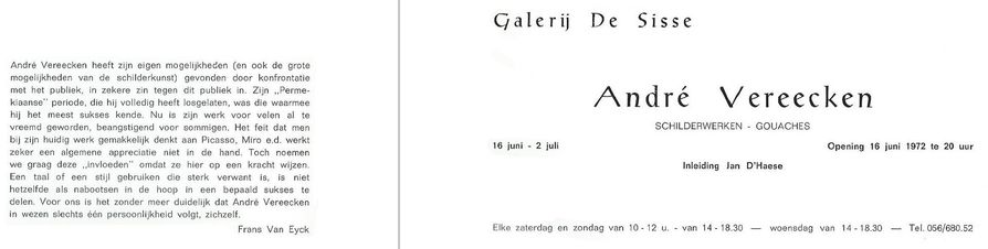 Uitnodiging voor de tentoonstelling van de kunstschilder André Vereecken in de Galerij De Sisse te Tiegem in 1972. Inleiding door Jan D'Haese.