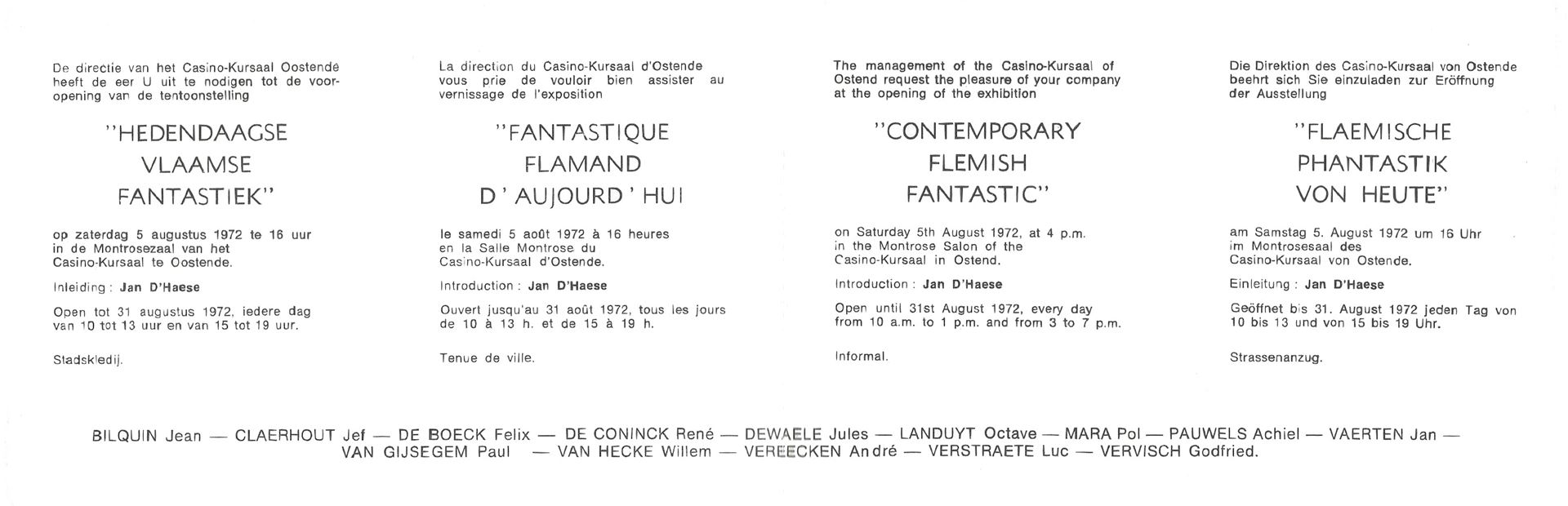 André Vereecken. Uitnodiging voor de tentoonstelling "Hedendaagse Vlaamse Fantastiek" in Casino-Kursaal Oostende 1972.