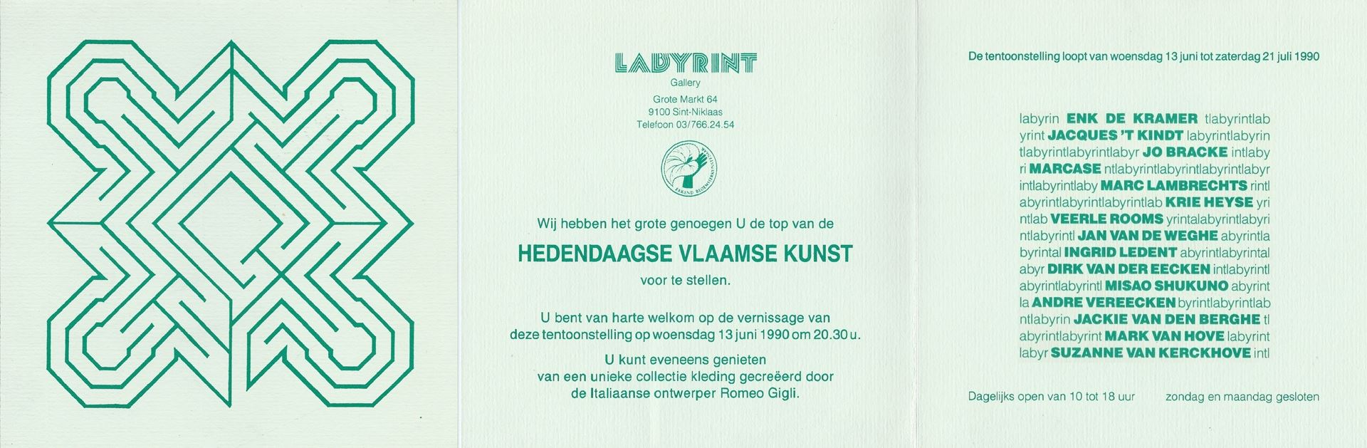 Exposition "Hedendaagse Vlaamse kunst" in de Gallery Labyrint te Sint-Niklaas in 1990. Kunstenaars: Enk De Kramer - Jacques ’T Kindt - Jo Bracke - Marcase - Marc Lambrechts - Krie Heyse - Veerle Rooms - Jan Van De Weghe - Ingrid Ledent - Dirk Van Der Eecken - Misao Shukuno - André Vereecken - Jackie Van Den Berghe - Mark Van Hove - Suzanne Van Kerckhove. Jan Bral, kultuur ataché van de stad Sint-Niklaas.