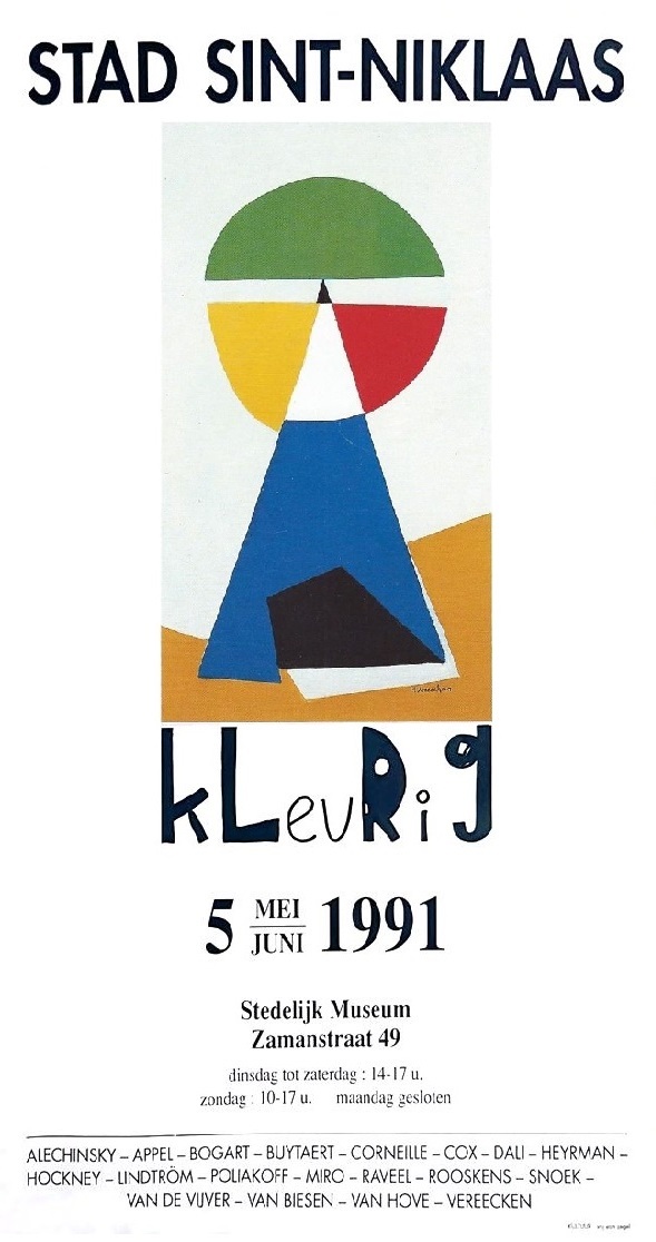 Affiche van de Kindertentoonstelling 1991 “Kleurig” was een eigen project van de Educatieve dienst van het stedelijk museum van Sint-Niklaas. Met werk van André Vereecken Pierre Alechinsky, Karel Appel, Bram Bogart, Jan Buytaert, Corneille, Cox, Salvador Dali, Enk De Kramer, Niki De Saint-Phalle, Hugo Heyrman, David Hockney, Brengt Lindström, Serge Poliakoff, Joan Miró, Roger Raveel, Anton Rooskens, Paul Snoek, Susanne Van Kerckhoven, Ron Van De Vijver, Stefaan Van Biesen, Mark Van Hove. Piet Van Bouchaute, archivaris-conservator. Nelly Maes, Schepen van cultuur. P. Elshout
De Burgemeester Freddy Willockx Sint-Niklaas. Werkboekje samenstelling: Gerd Dierckx. Electrabel zorgde voor didactisch materiaal over “kleuren van de regenboog”. 