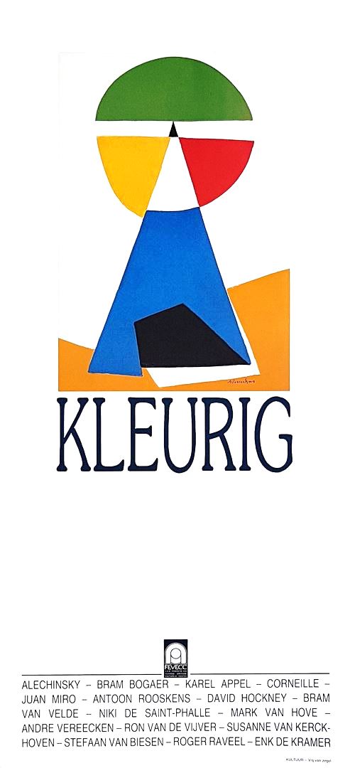 Affischevan de Kindertentoonstelling 1991 “Kleurig” was een eigen project van de Educatieve dienst van het stedelijk museum van Sint-Niklaas. Met werk van André Vereecken Pierre Alechinsky, Karel Appel, Bram Bogart, Jan Buytaert, Corneille, Cox, Salvador Dali, Enk De Kramer, Niki De Saint-Phalle, Hugo Heyrman, David Hockney, Brengt Lindström, Serge Poliakoff, Joan Miró, Roger Raveel, Anton Rooskens, Paul Snoek, Susanne Van Kerckhoven, Ron Van De Vijver, Stefaan Van Biesen, Mark Van Hove. Piet Van Bouchaute, archivaris-conservator. Nelly Maes, Schepen van cultuur. P. Elshout
De Burgemeester Freddy Willockx Sint-Niklaas. Werkboekje samenstelling: Gerd Dierckx. Electrabel zorgde voor didactisch materiaal over “kleuren van de regenboog”. 