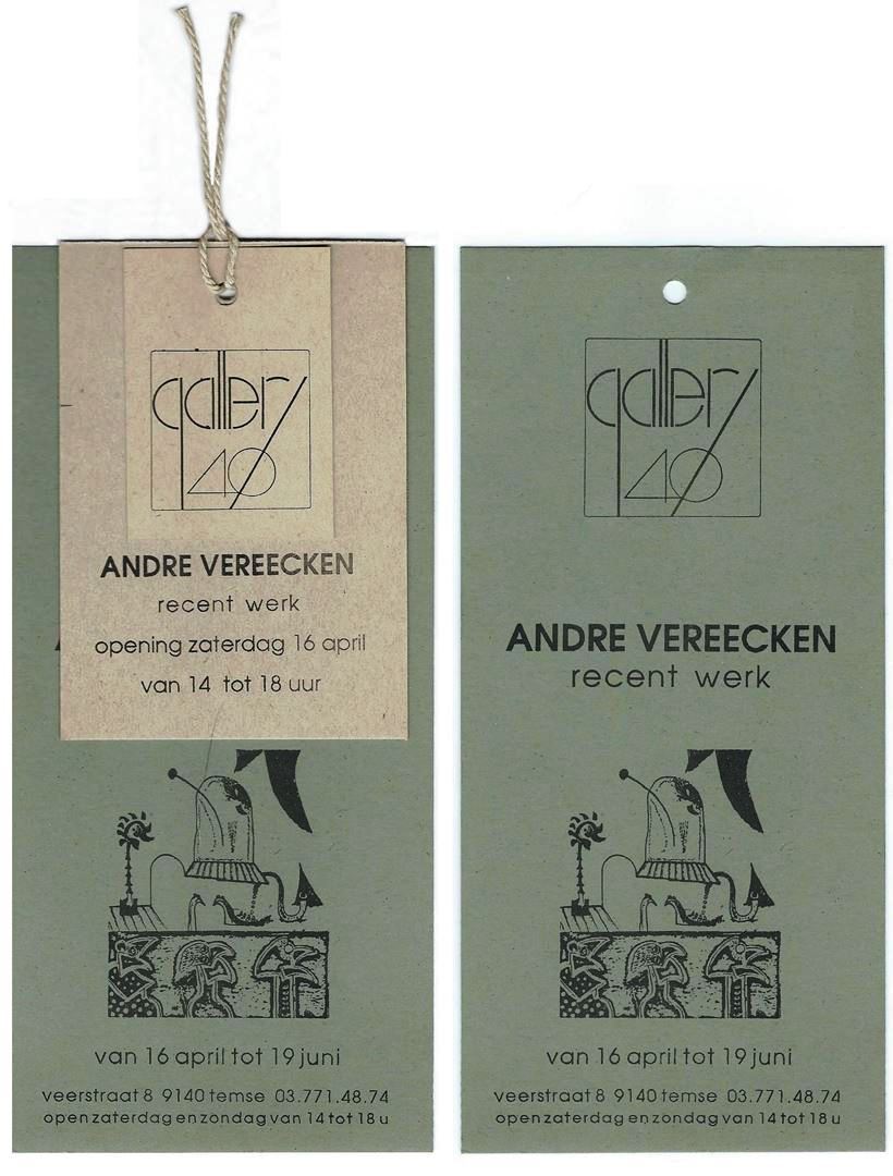 Uitnodiging voor de tentoonstelling van kunstschilder André Vereecken in Gallery 40 in Temse in 1994. Galerijhouder Mark Van Hove herbergt momenteel in zijn Gallery 40 in Temse het werk van de kunstenaar André Vereecken.