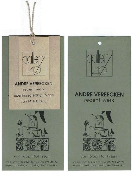 Uitnodiging voor de tentoonstelling van kunstschilder André Vereecken in Gallery 40 in Temse in 1994. Galerijhouder Mark Van Hove herbergt momenteel in zijn Gallery 40 in Temse het werk van de kunstenaar André Vereecken.