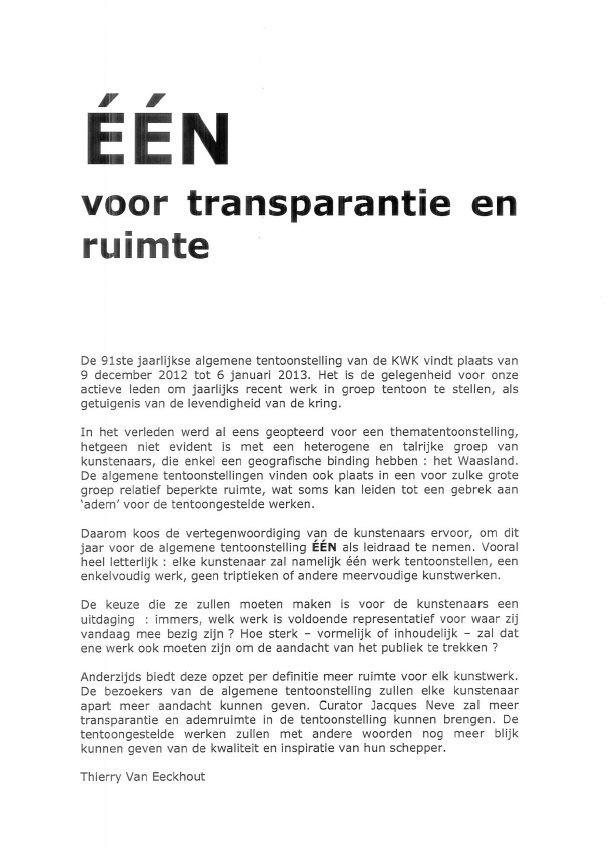 Brochure KWK Koninklijke Wase Kunstkring tentoonstelling Eén. 2012.2