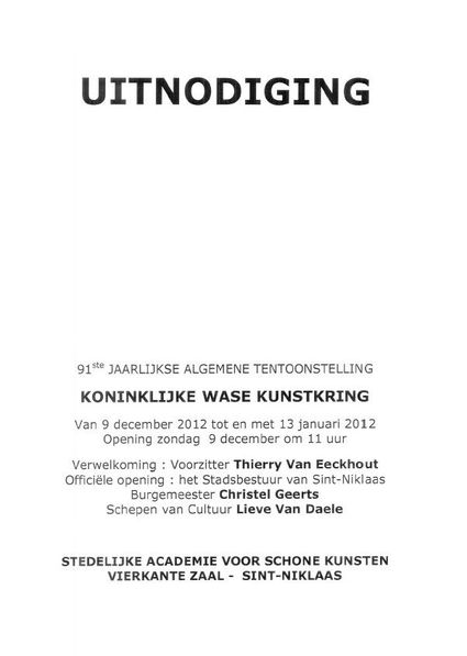 Uitnodiging KWK Koninklijke Wase Kunstkring tentoonstelling Eén. 2012.