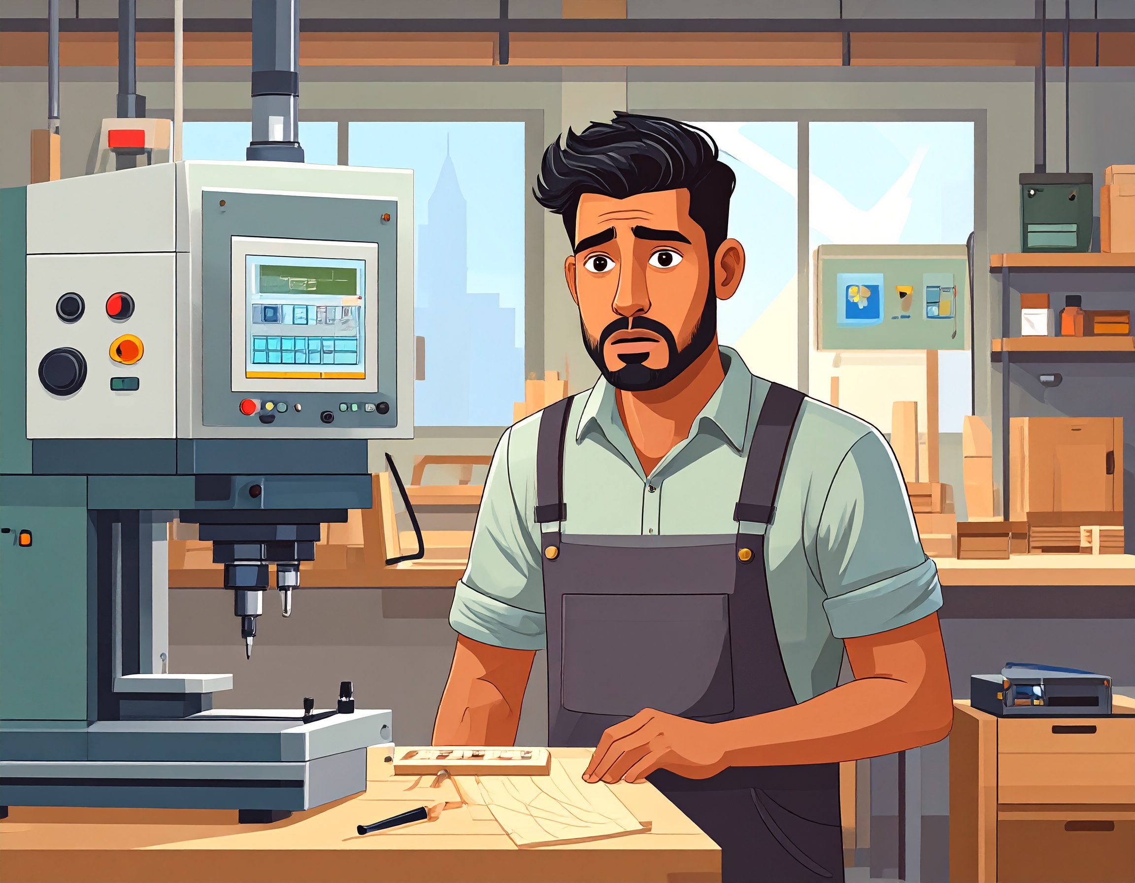 Firefly Dans-un-atelier-d-ebenisterie-un-debutant-hesite-a-utiliser-une-machine-a-commande-n-617794