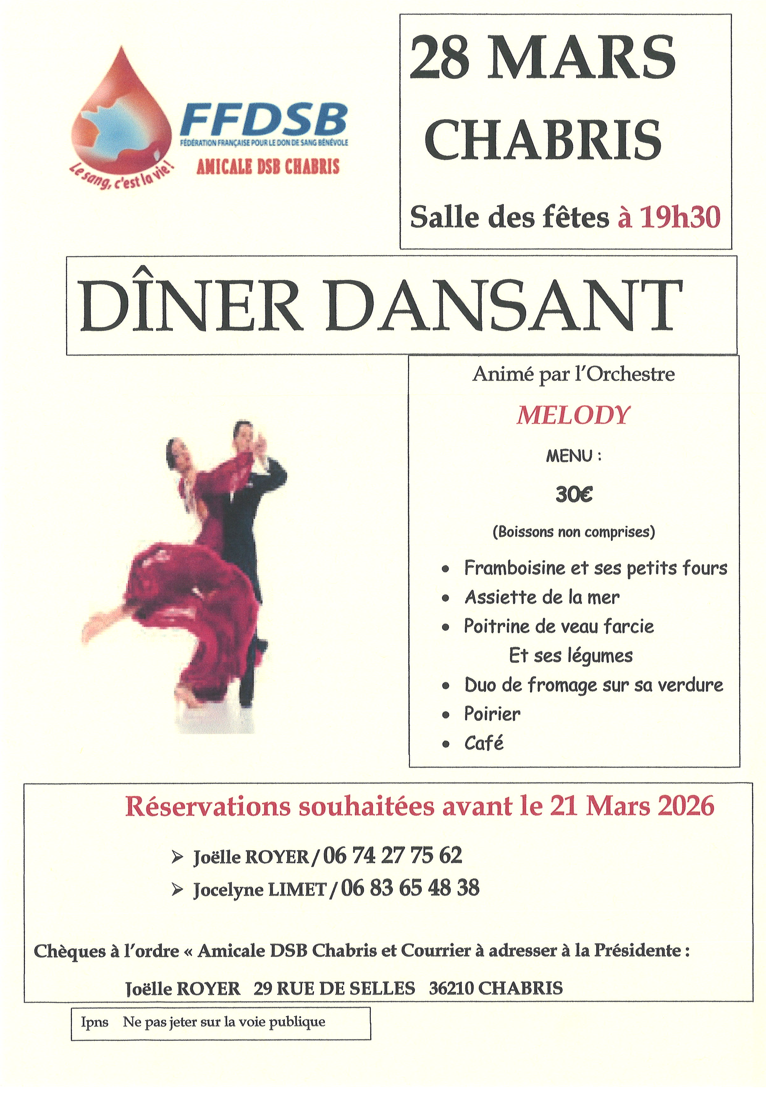 Donneurs de sang : dîner dansant
