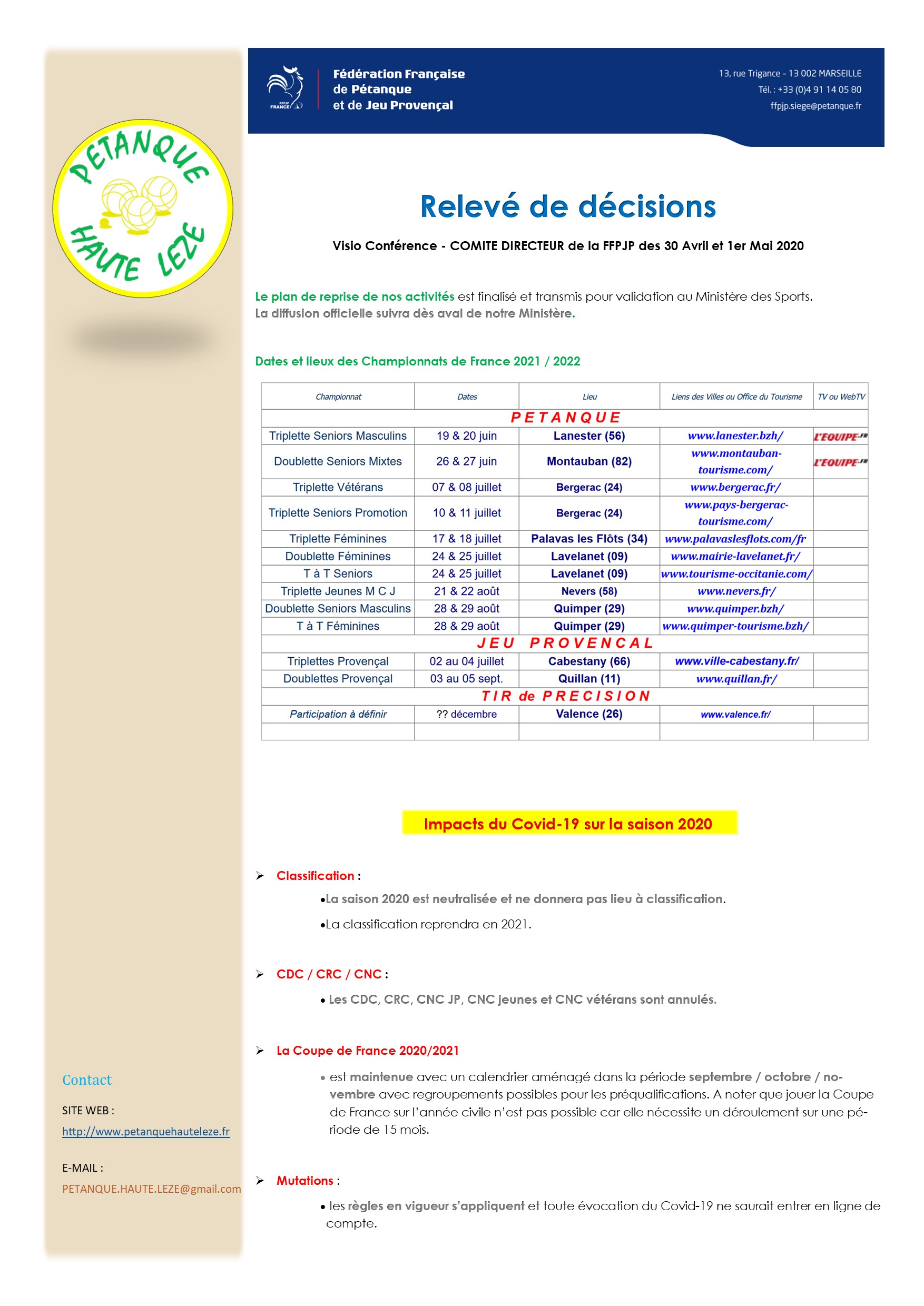 Relevé de décisions de la FFPJP