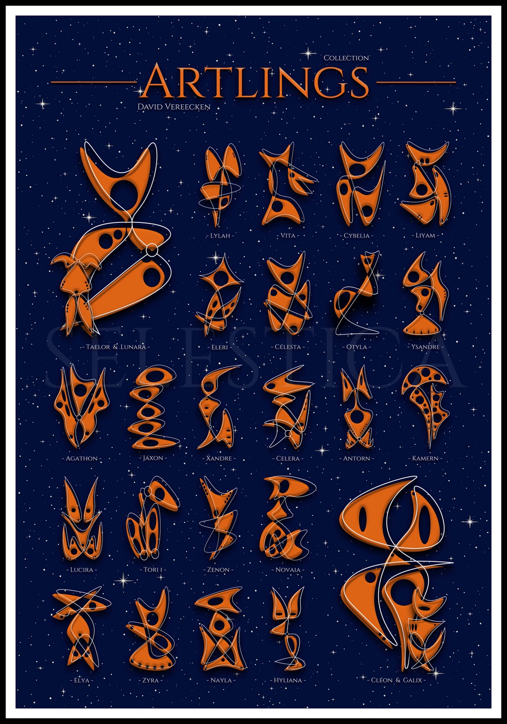 Affiche artistique montrant 26 Artlings de David Vereecken sur un fond bleu étoilé, illustrant l'abstraction et la figurativité." | Selestica | Art numérique
