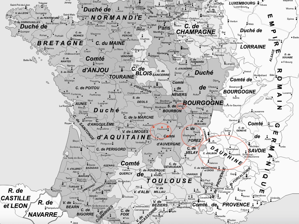 Extrait de la carte de france en 1180 terres a dauphins
