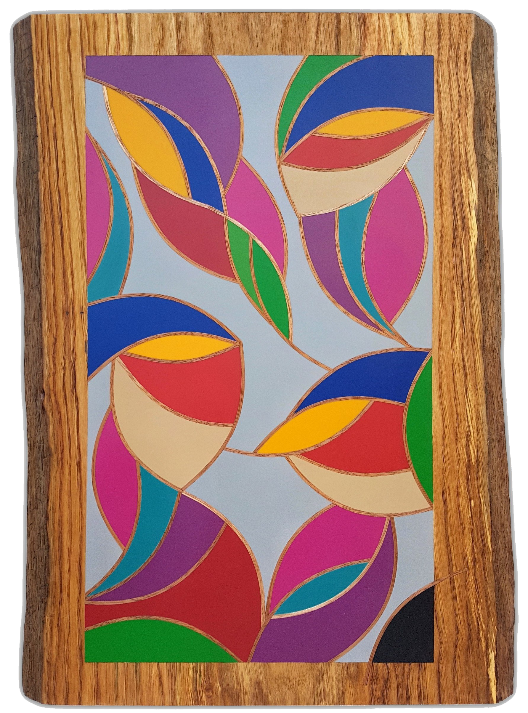 Trio Chromatique : œuvre Selestica en bois-résine représentant trois personnages et un oiseau par David Vereecken.

