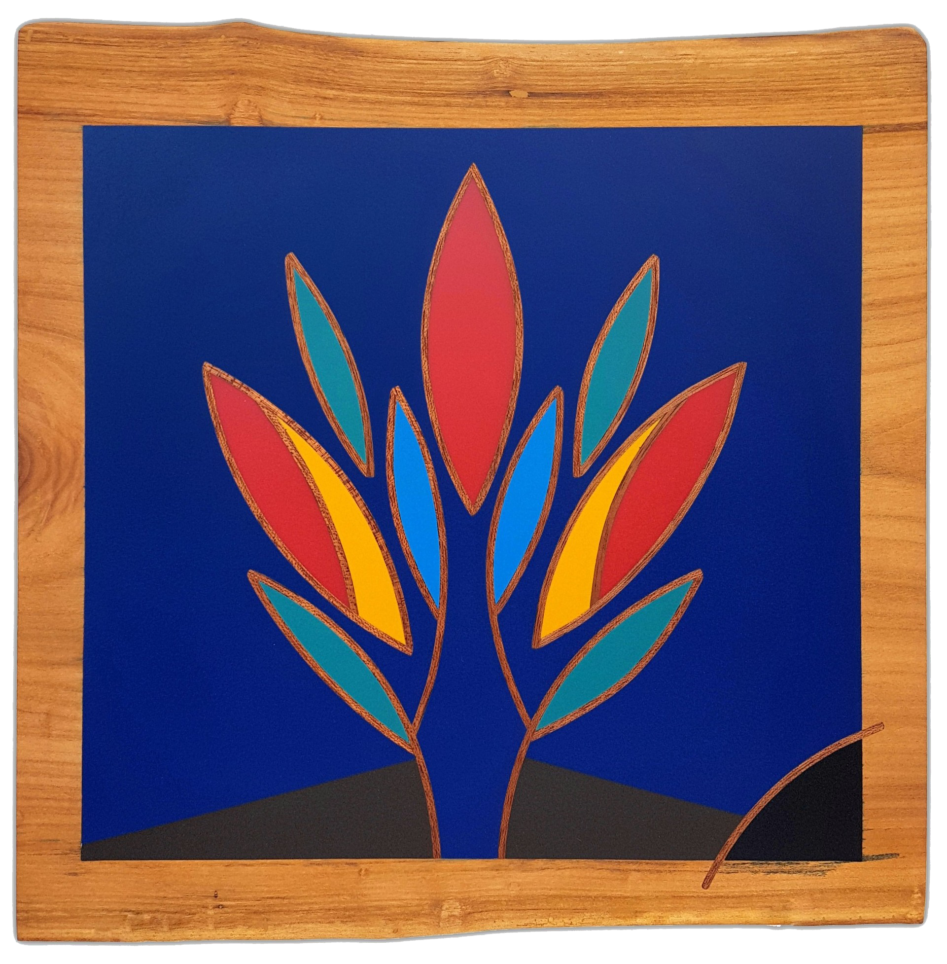 Pulsar Vegetalis : design Selestica en résine colorée avec motif stylisé de plante sur fond bleu par David Vereecken.

