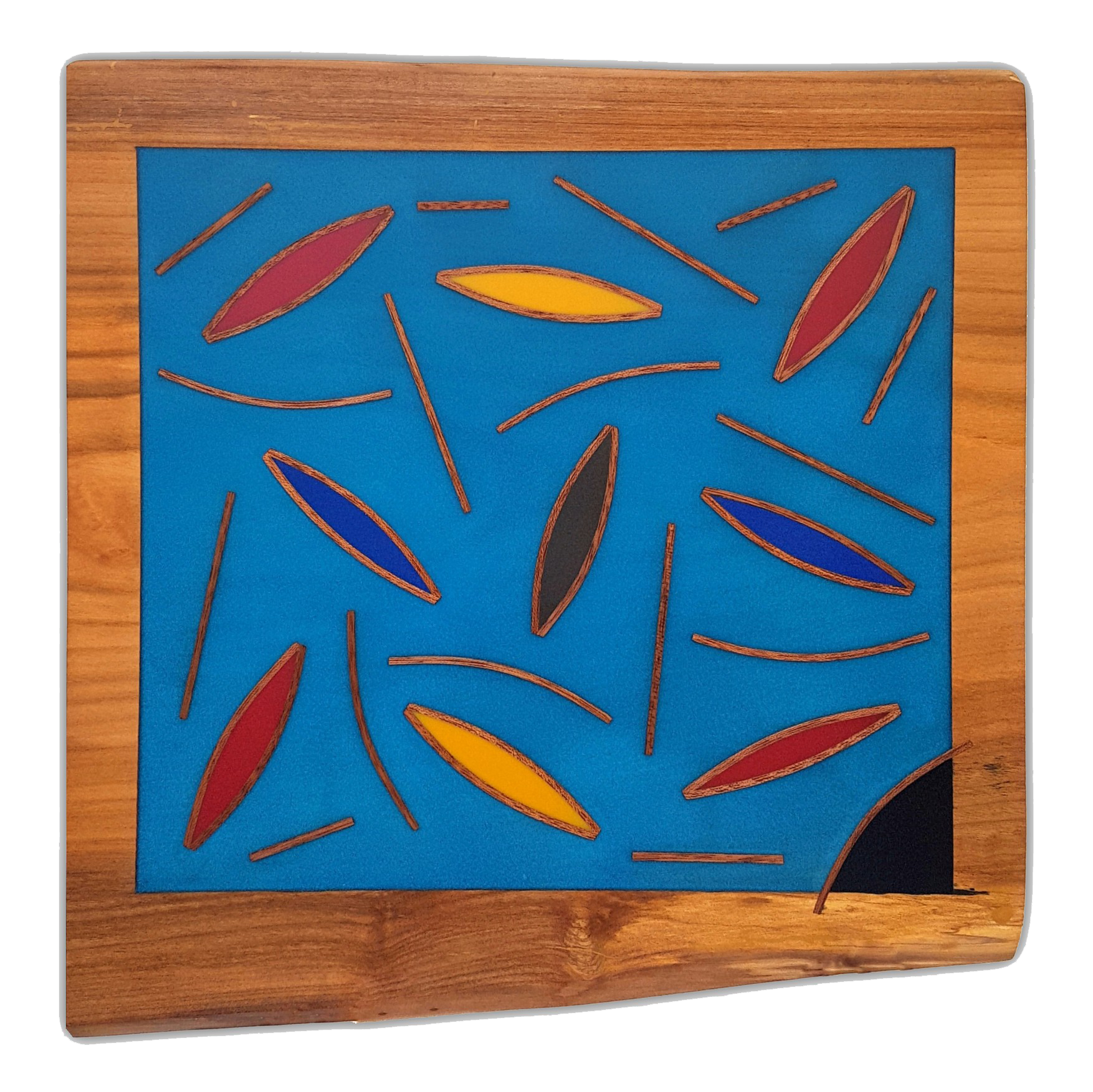 Matrix par David Vereecken : composition Selestica en bois et résine avec formes ovales sur fond bleu profond.

