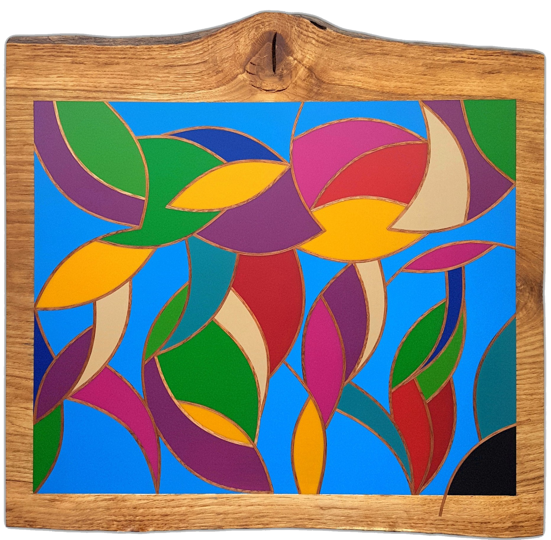 Le choix de la reine : œuvre Selestica en résine colorée avec motifs de feuilles sur fond bleu par David Vereecken.

