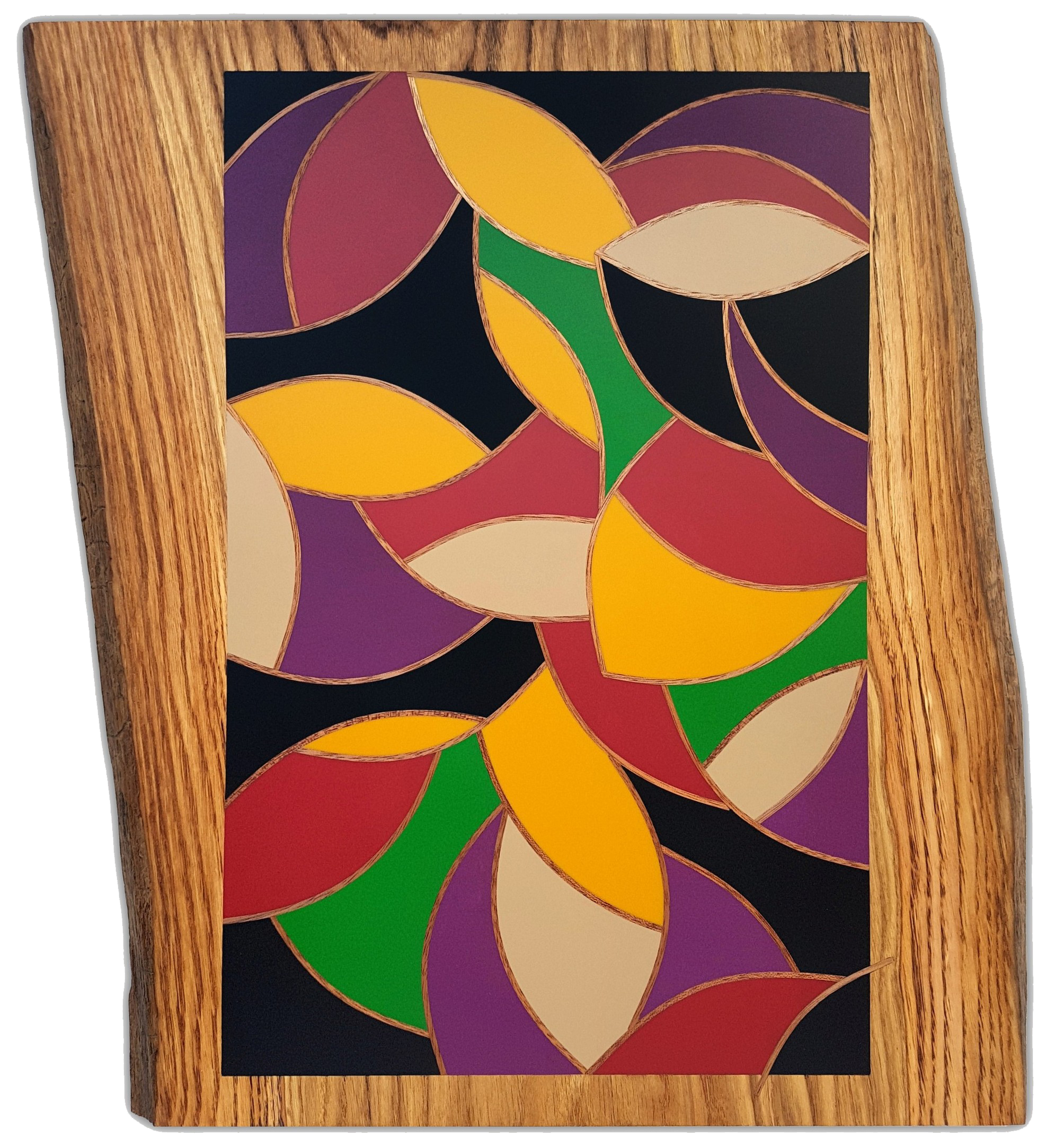 Kiekeboe : design Selestica en résine colorée avec formes courbes sur fond noir intense par David Vereecken.

