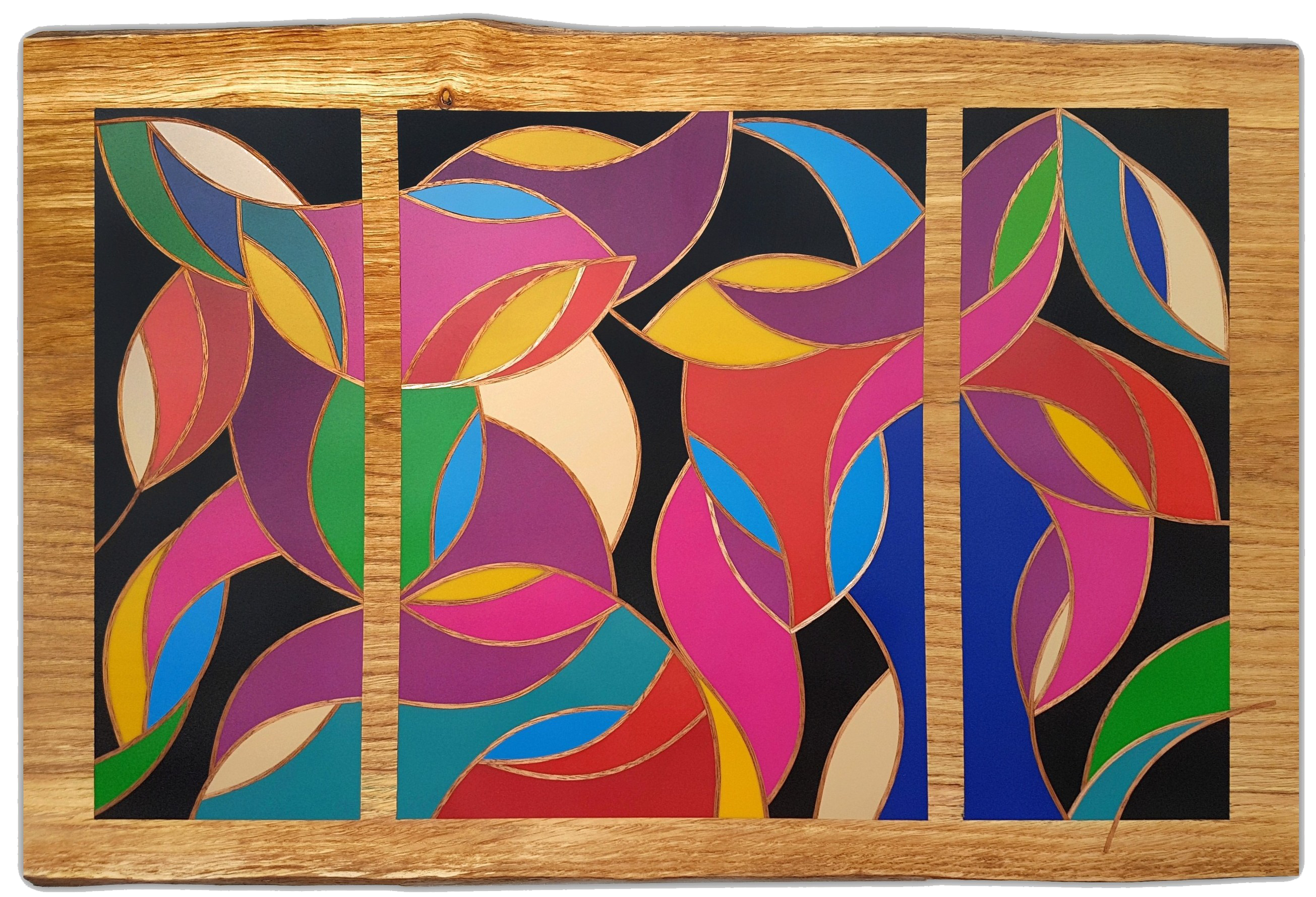 Forest : triptyque cloisonné bois-résine. Motif abstrait de feuilles sur fond noir, collection Selestica.

