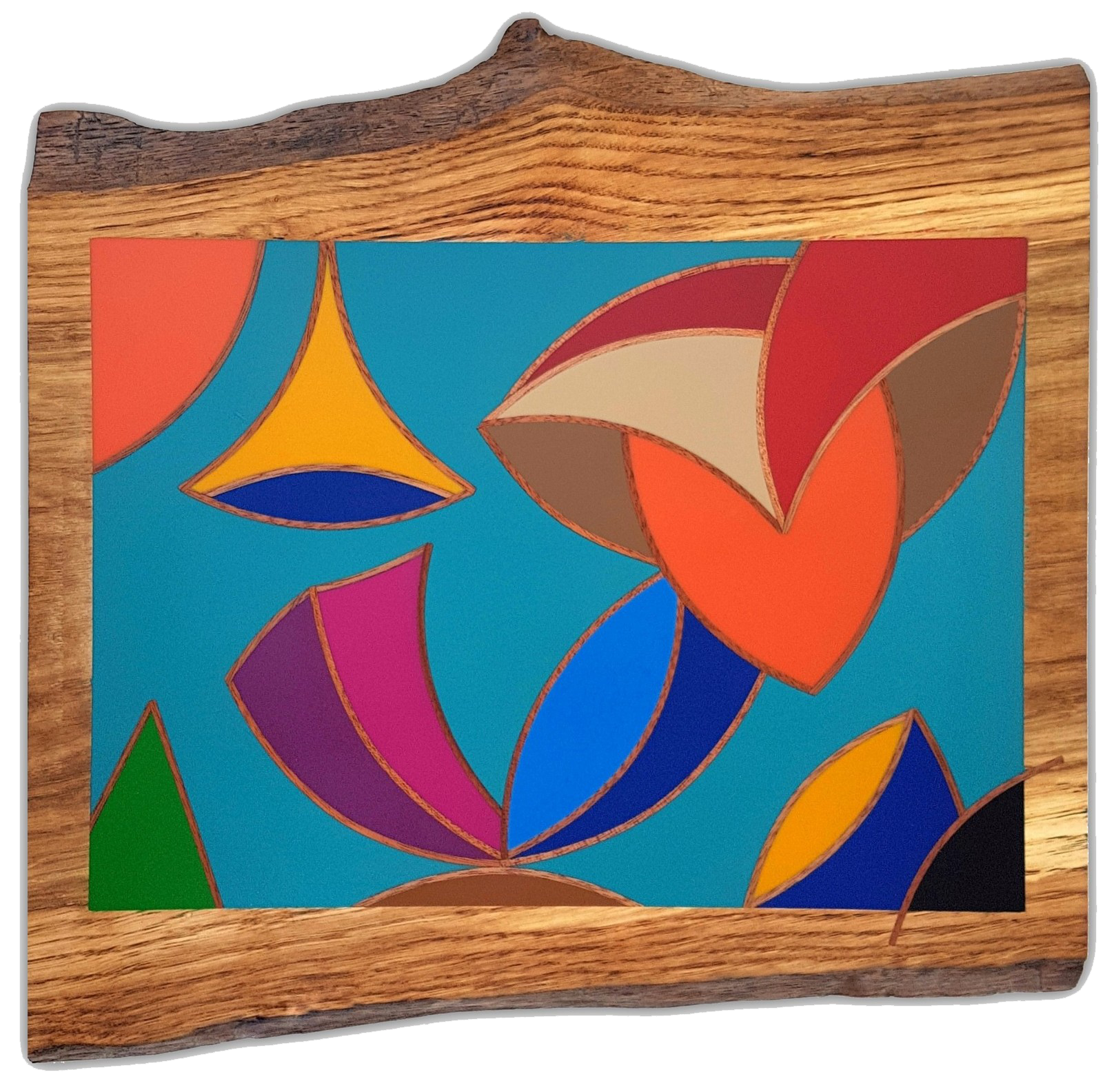 Corico par David Vereecken : résine Selestica avec motifs géométriques et oiseau illuminé sur fond turquoise.

