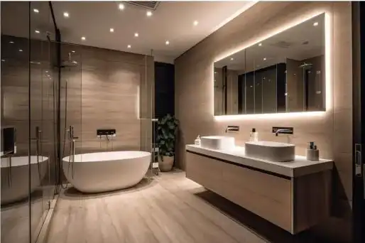 Salle de bain contemporaine avec éclairage LED intégré et finitions en bois, installée par Joël Gaillard. Artisan expert en plomberie et chauffage, offrant des solutions modernes et sur mesure à Nantes.