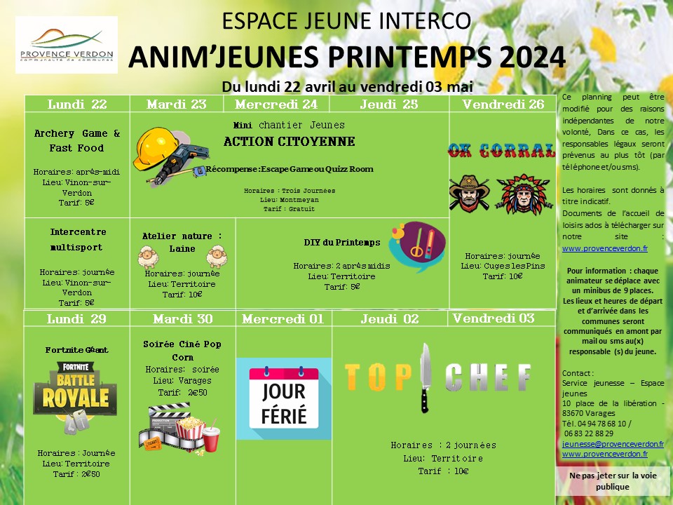 calendrier activités jeunesse - vacances printemps