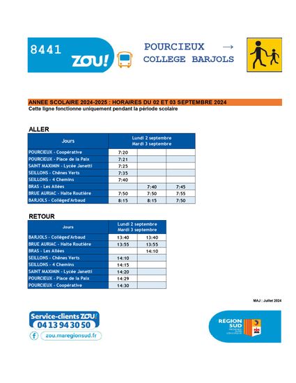 Horaire des bus collège - 2 et 3 septembre