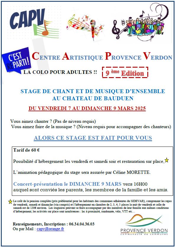 CAPV : prochain stage de chant et de musique d'ensemble du 7 au 9 Mars