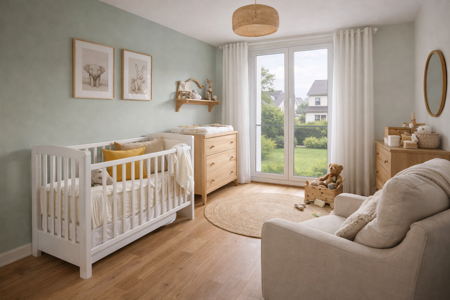 Maison lotissement chambre bebe mur vert sauge jardin renovation altis habitat