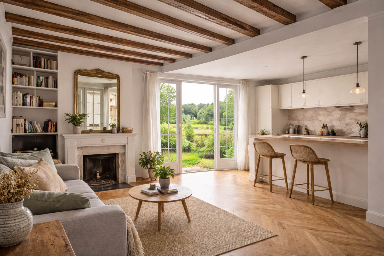 Maison ancienne vendee salon poutres vue campagne renovation altis habitat