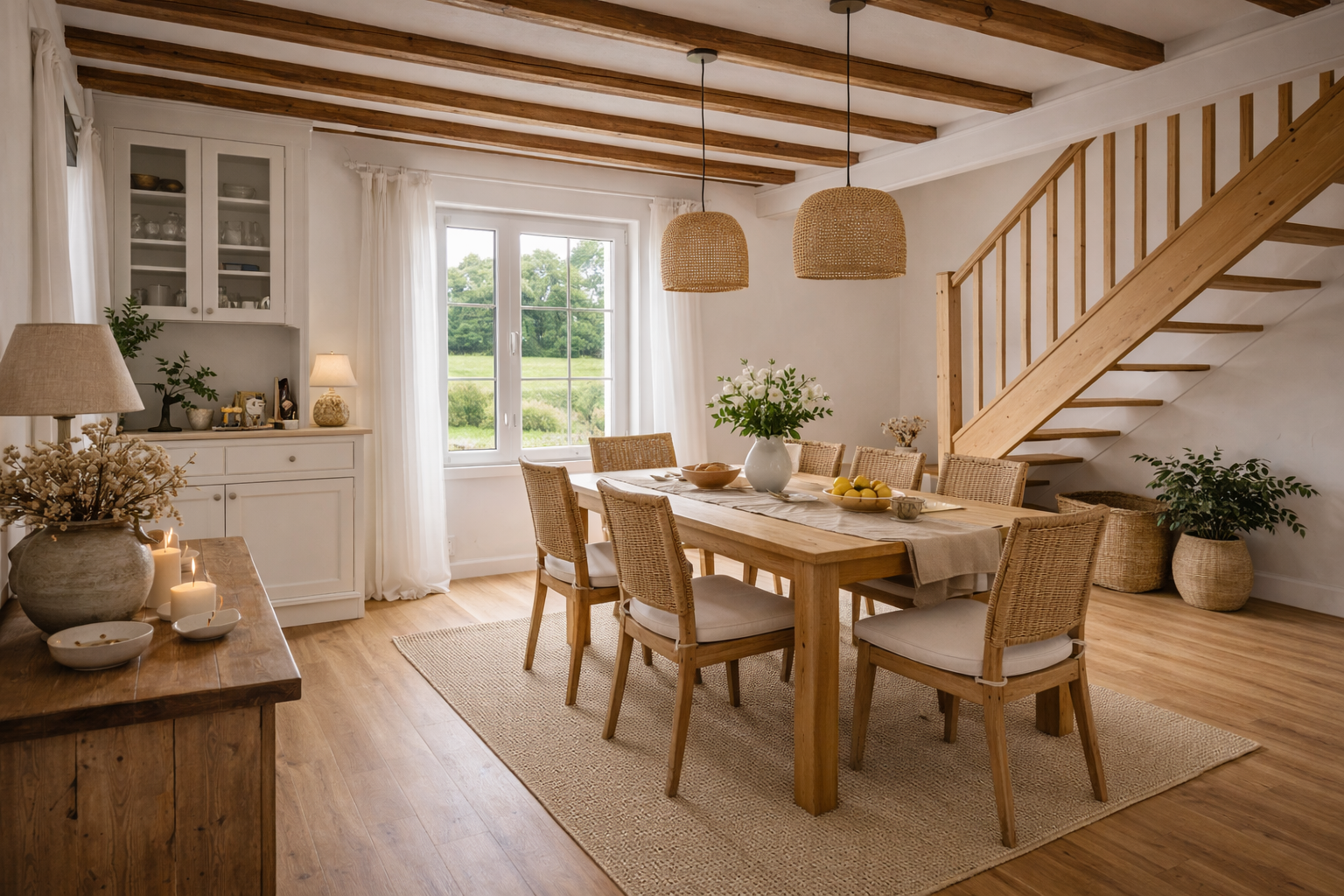 Maison ancienne vendee salle a manger escalier poutres vue campagne altis habitat