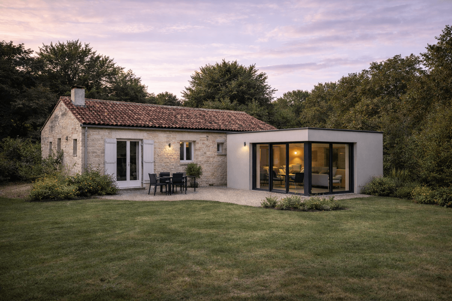 Longere extension veranda vitree huisseries noires renovation altis habitat