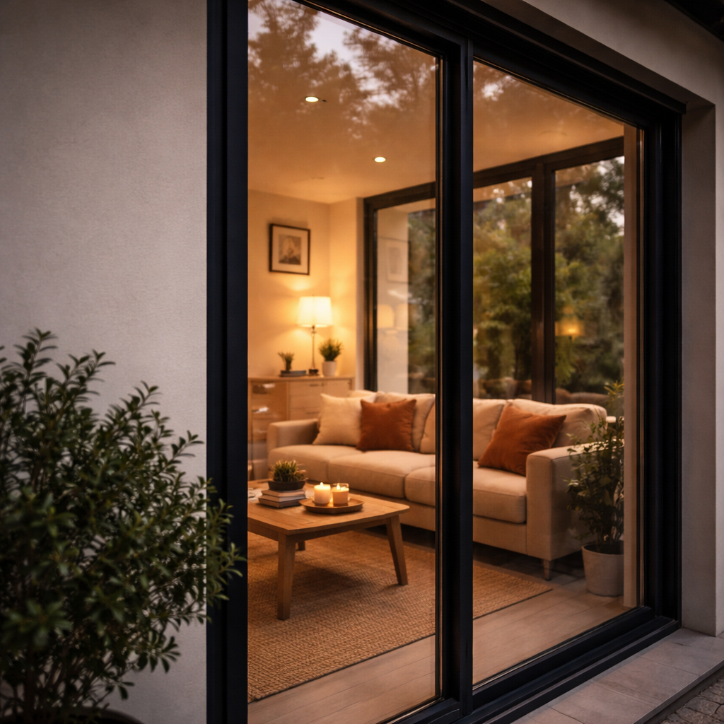 Detail extension baie vitree huisseries noires salon chaleureux altis habitat