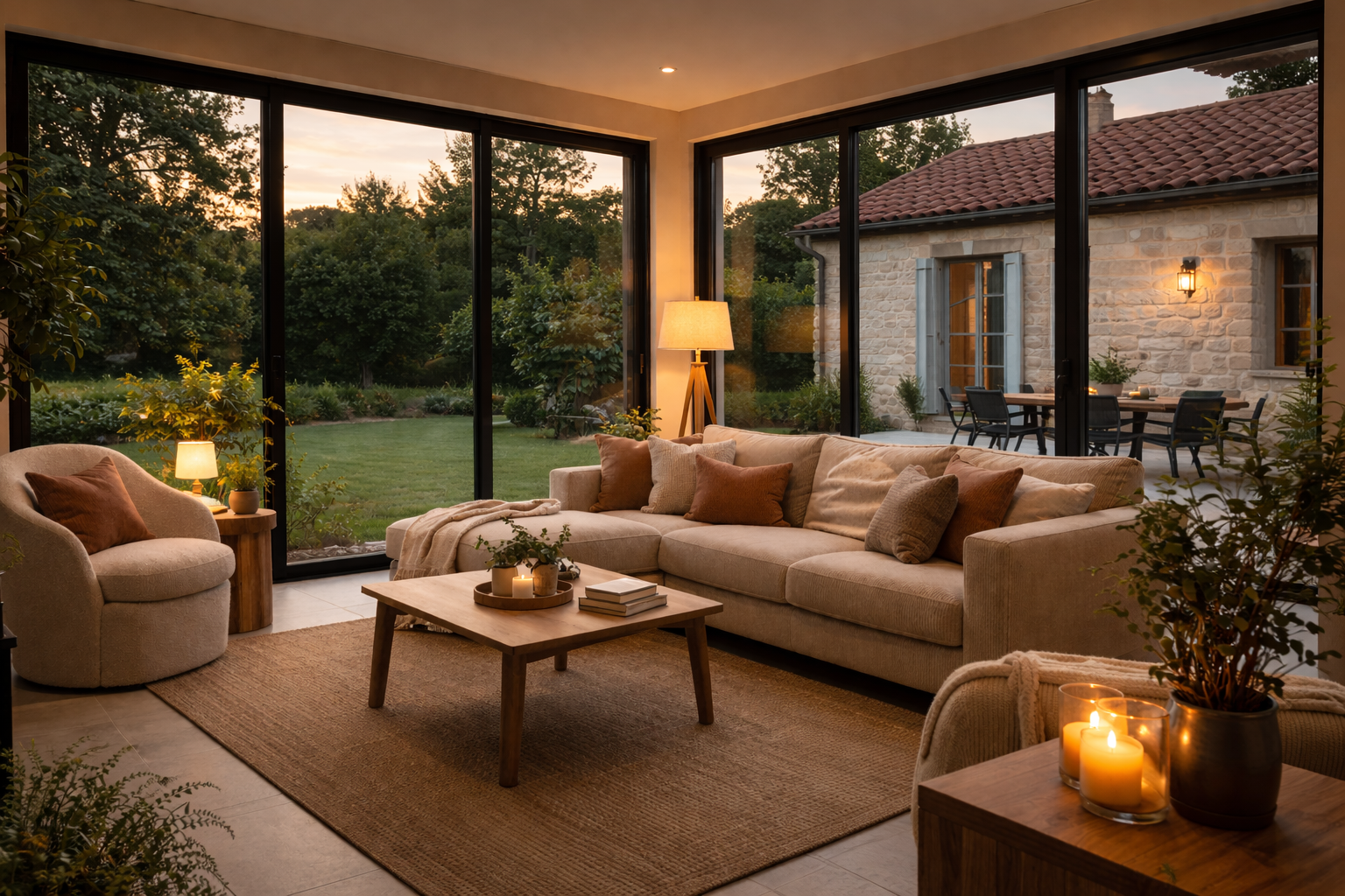 Extension maison salon baies vitrees ouverture jardin vendee