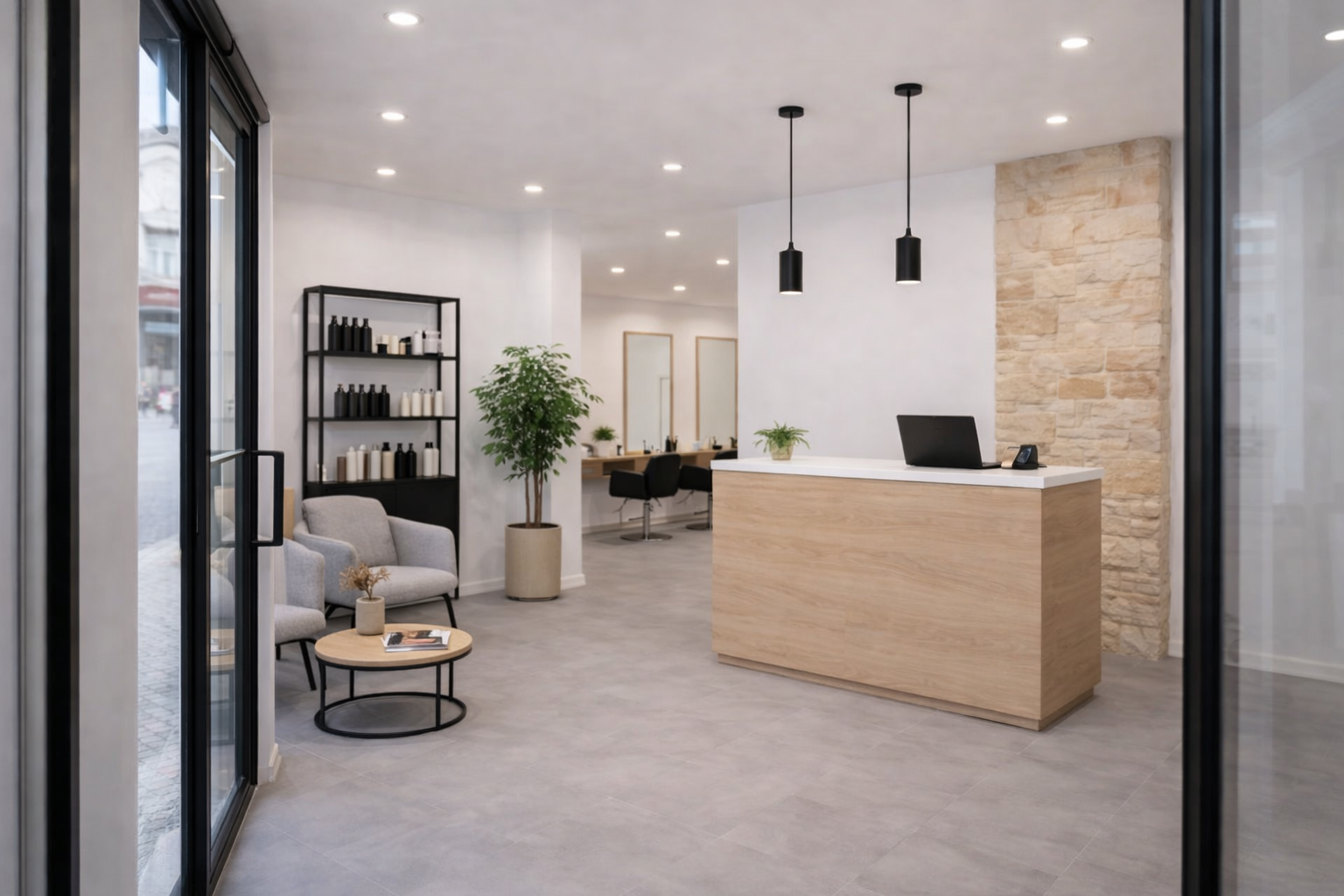 Entree salon coiffure accueil reception amenagement vendee