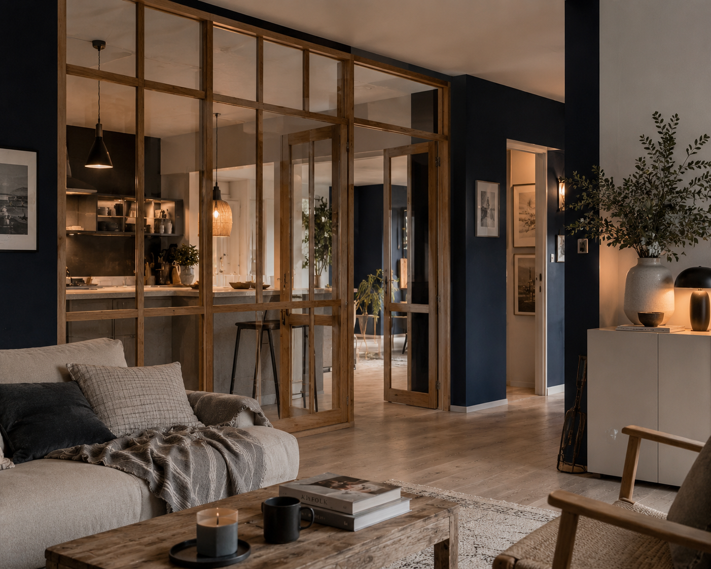 Verriere bois interieure bleu nuit salon gris clair