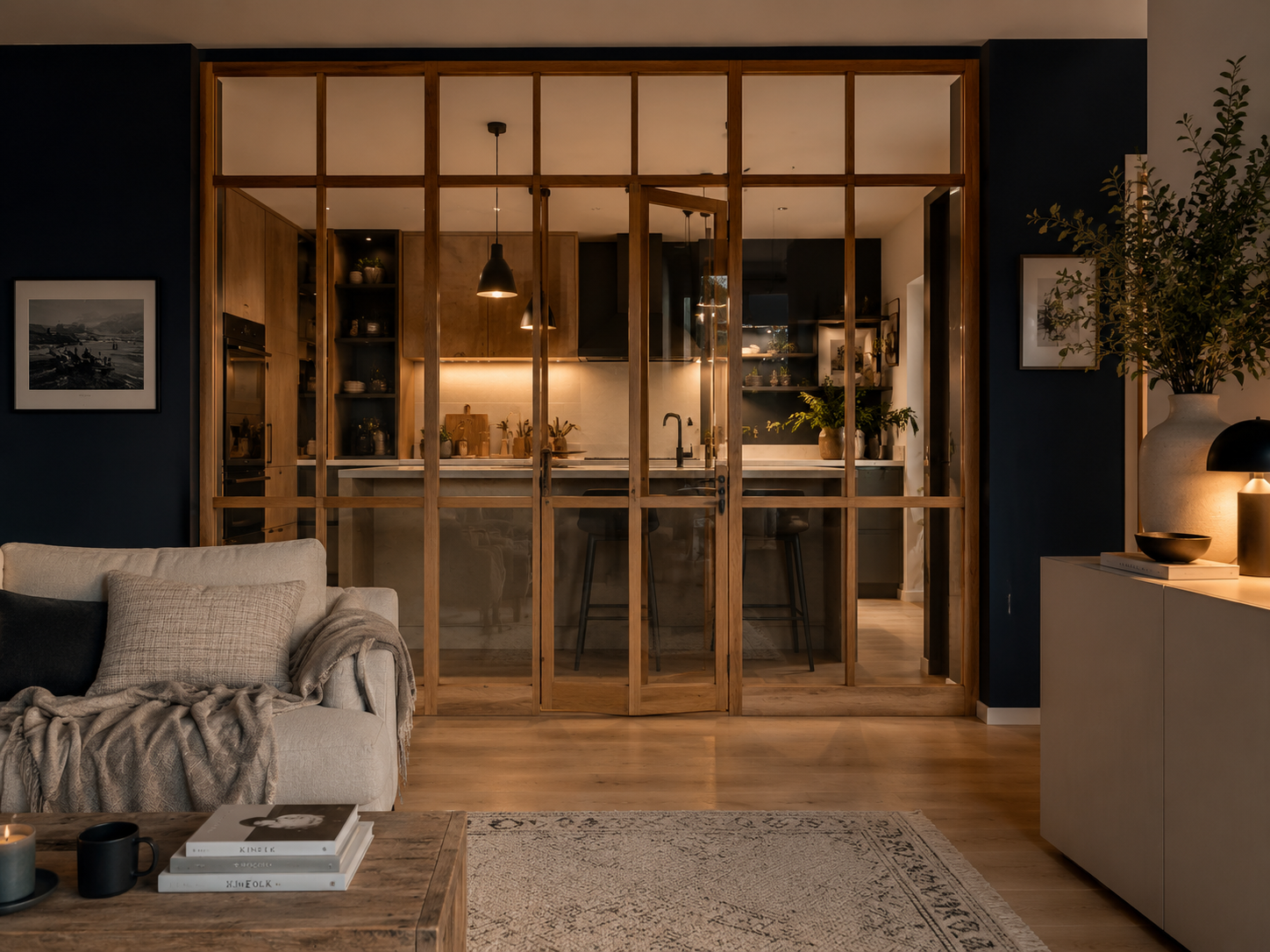 Verriere bois interieure cuisine ouverte salon contemporain