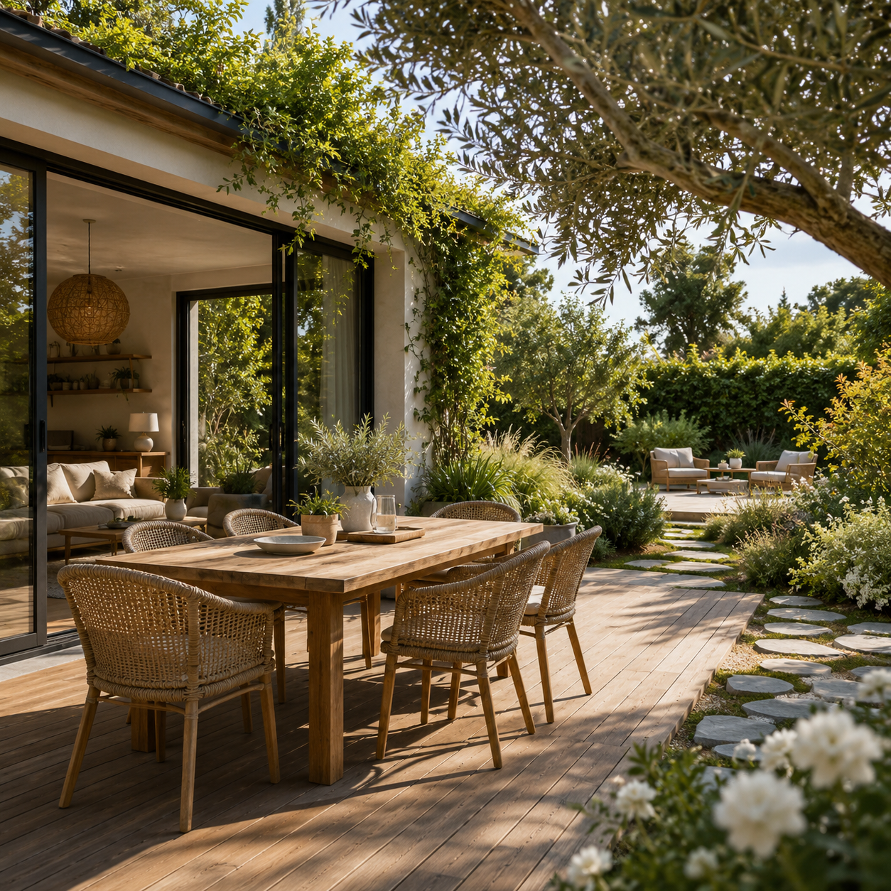 Terrasse jardin contemporain continuite exterieure