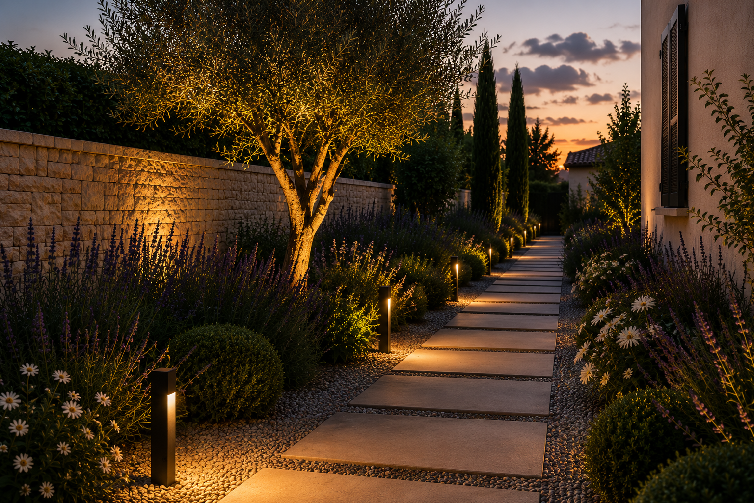 Allee paysagere eclairage nuit vegetation exterieure altis habitat