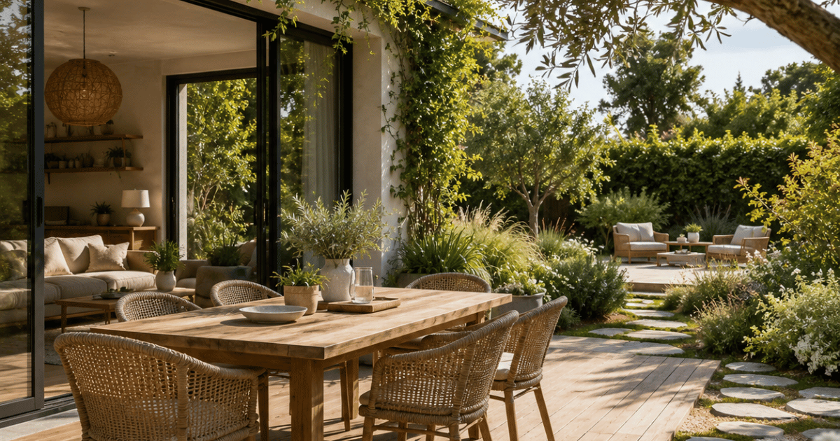 Terrasse jardin contemporain continuite exterieure