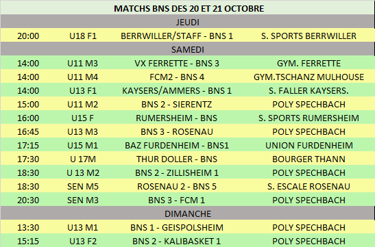 Matchs 20 et 21 octobre