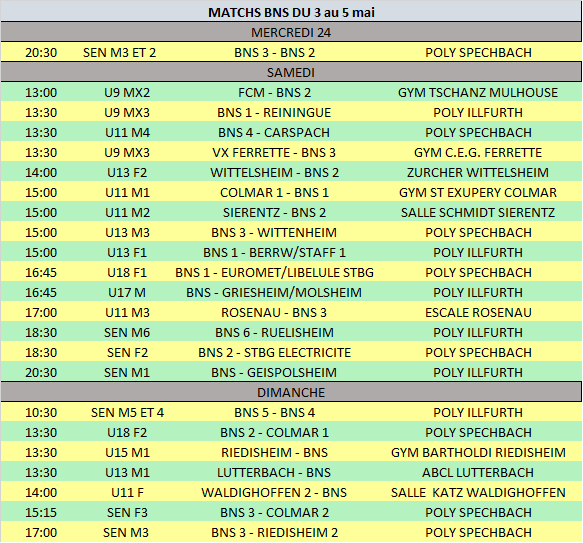 Planning matchs du 3 au 5 mai