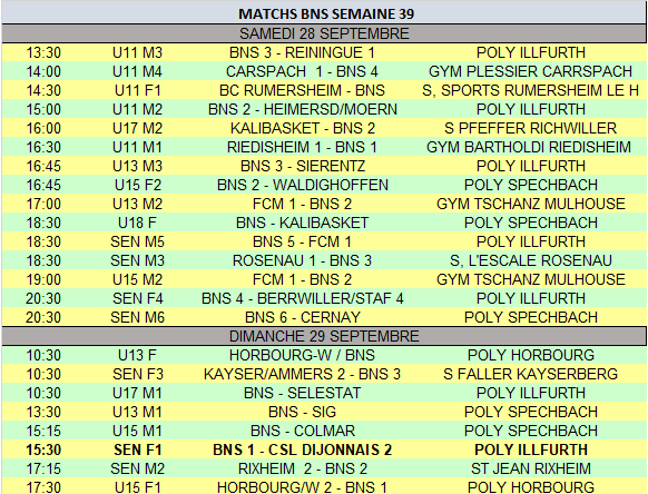 MATCHS BNS DES 28 ET 29 SEP