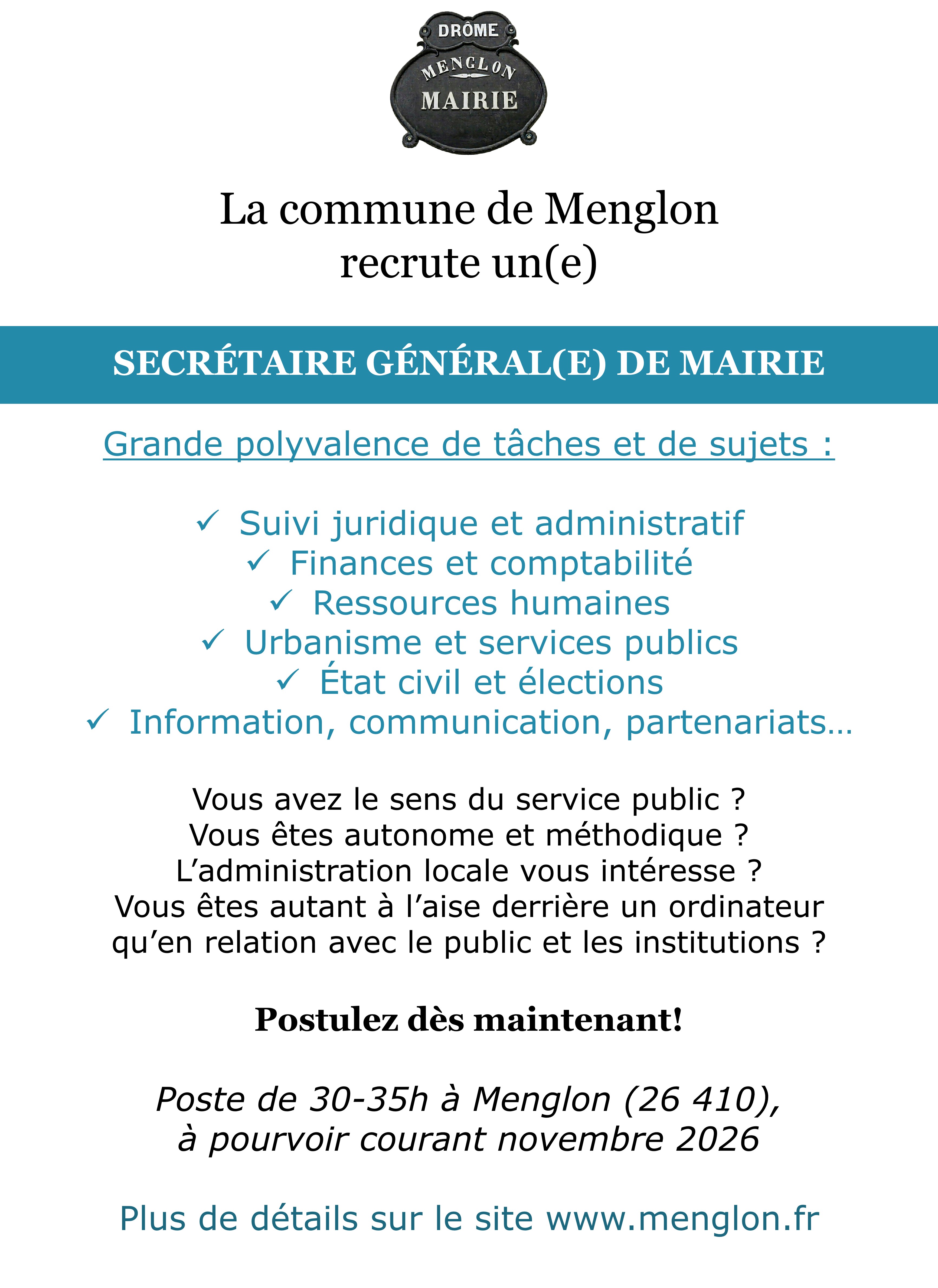 Recrutement - Secrétaire générale de Mairie