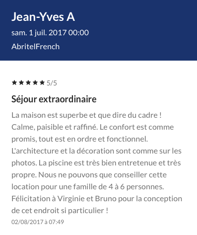 Avis vacanciers - avis des Hôtes - Commentaires - 5 étoiles - cinq étoiles - 5/5 - avis favorables -  Recommandés pas les vacanciers