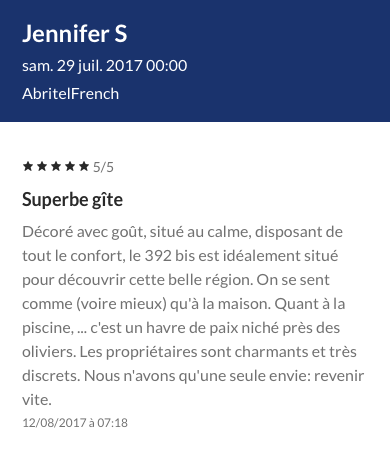 Avis vacanciers - avis des Hôtes - Commentaires - 5 étoiles - cinq étoiles - 5/5 - avis favorables -  Recommandés pas les vacanciers