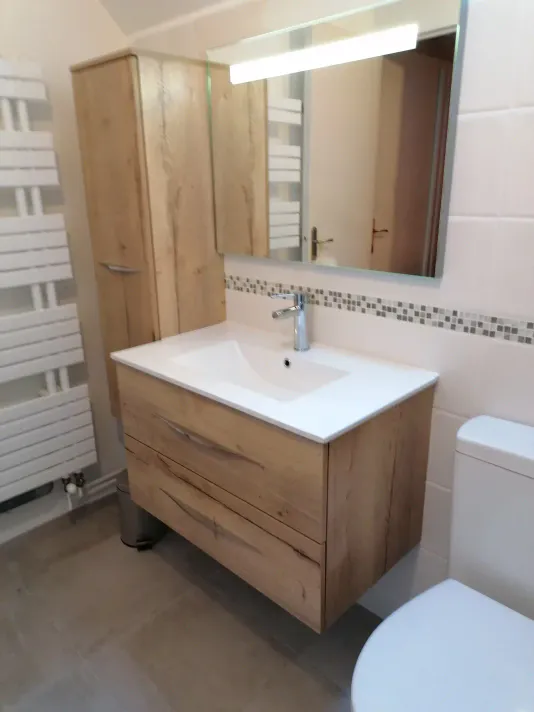 16 photo meuble salle de bain avec colonne vasque miroirs effet bois clair aux sorinieres 44