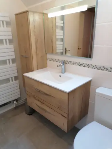 installation meuble sous-vasque suspendu + vasque + miroir led + colonne aux Sorinières 44