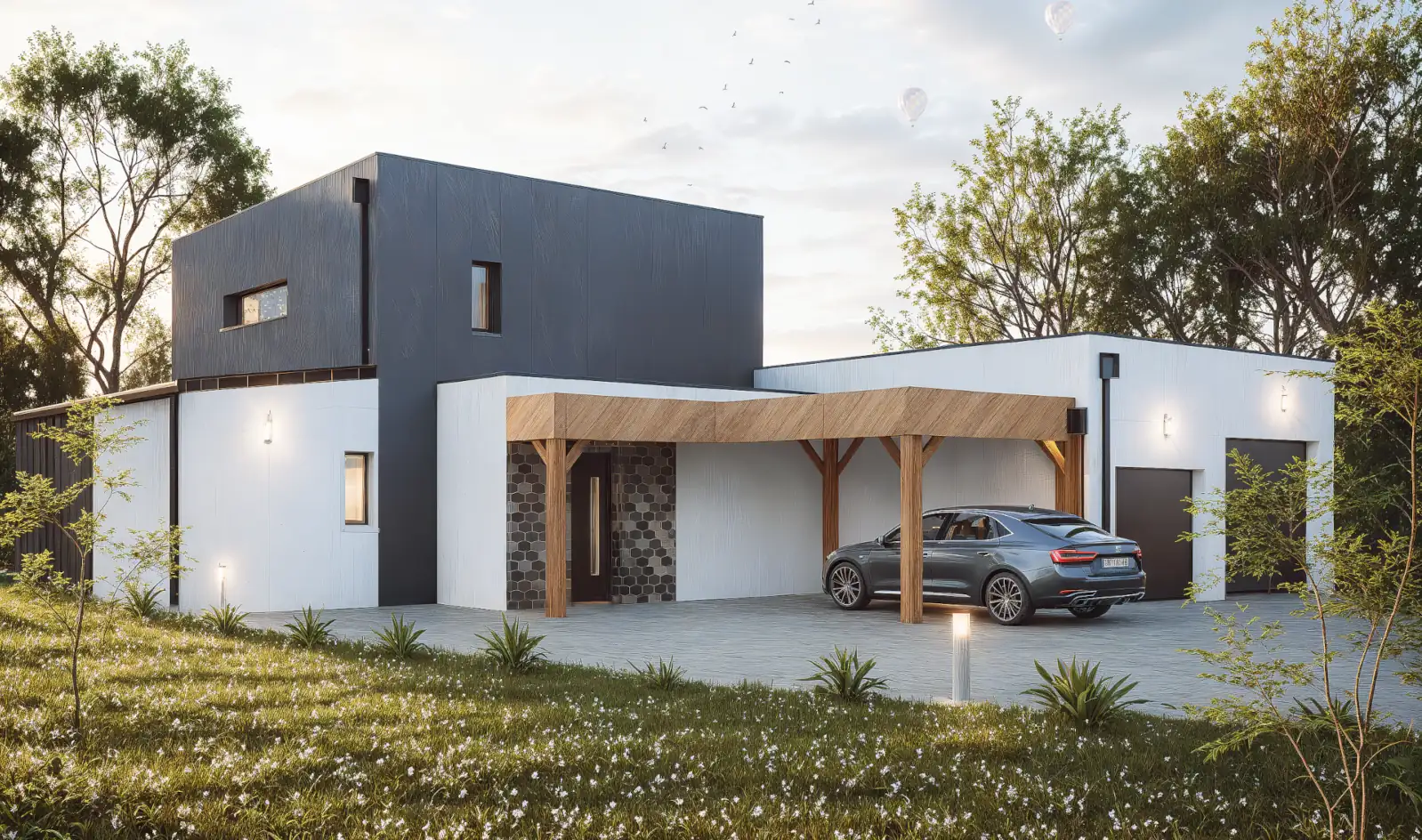 Maison contemporaine équipée d'un carport ouvert en bois et d'un double garage pour les camping-cars.