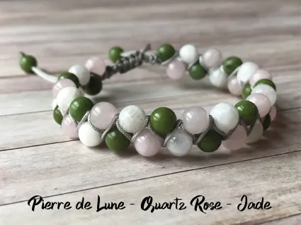 Bracelet double range de pierres jade quartz rose pierre de lune